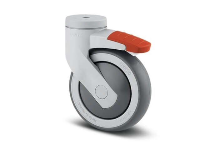 RUEDA LEVINA 4 PULGADAS CON SOPORTE AGUJERO PASANTE, CON FRENO Y RUEDA HULE, 100 MM DIAMETRO