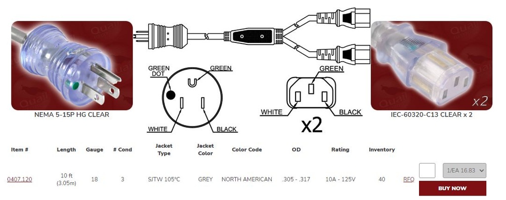 NEMA 5-15P HG CLEAR A IEC-60320-C13 CLEARX2 047.120