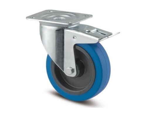 [RUEDA T00439] RUEDA INDUSTRIAL CON FRENO 4 PULGADAS, SERIE ALPHA, BUJE RODAMIENTO DE RODILLOS 100 MM, GOMA ELASTICA ANTIVIBRACIONES, SOPORTE GIRATORIO ZINCADO, NUCLEO DE POLIAMIDA, RUEDA EN GOMA ELASTICA